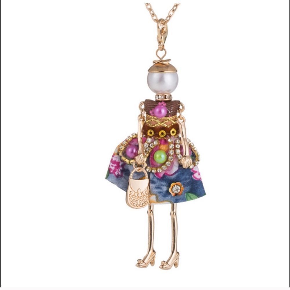 Boutique Doll Necklace Pink Watercolor Dress Rhinestone Long Necklace! - Picture 1 of 13